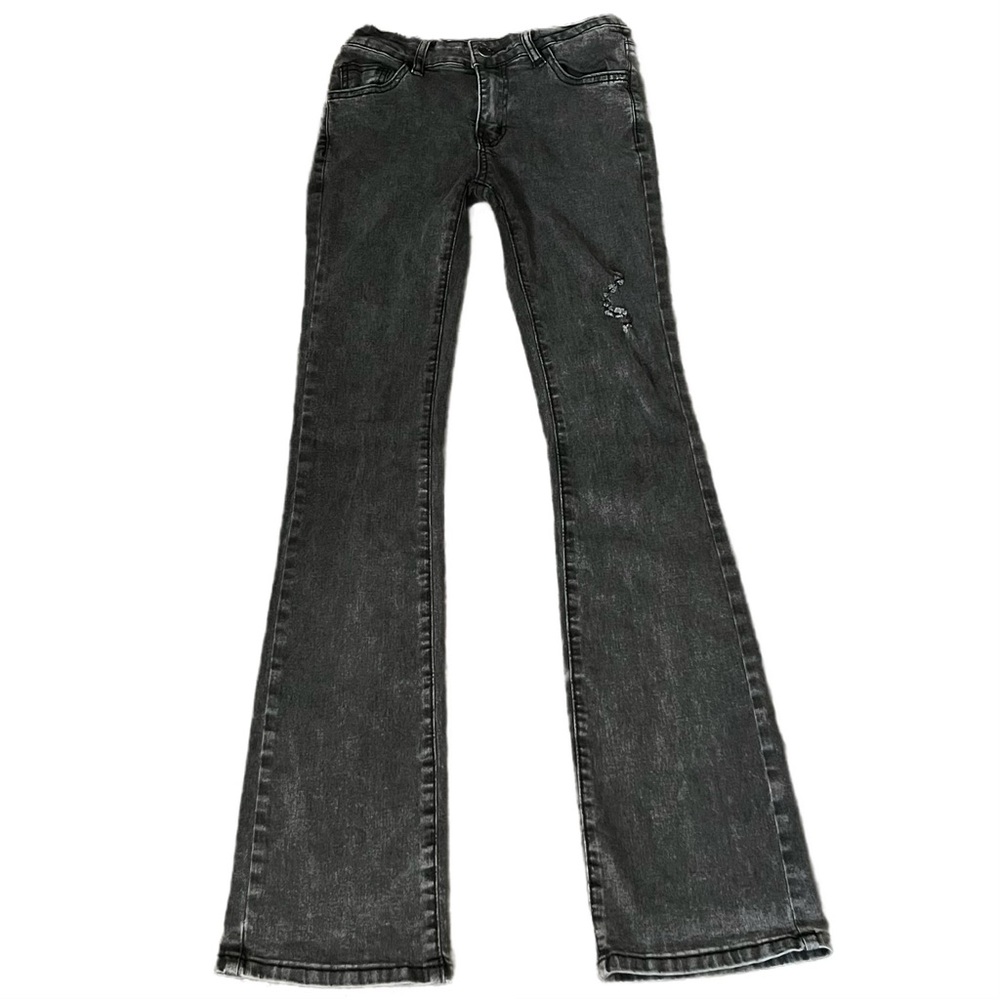 SHEIN Essence Gray Washed Ripped Flare Leg Jeans Sz XS Pre-Owned